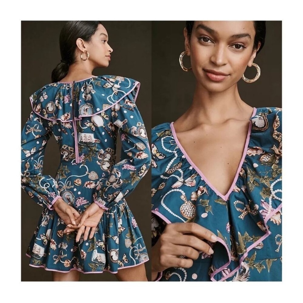 Maeve Long-Sleeve Ruffled V-Neck Printed Mini Dress